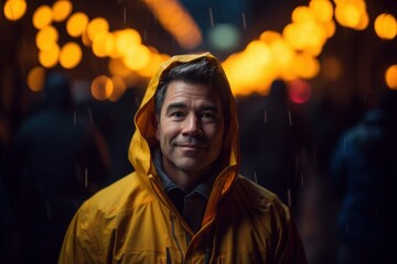 Portrait of a man in raincoat at night in the city.