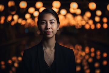 Portrait of a beautiful Asian woman wearing a black dress standing in front of the lanterns.