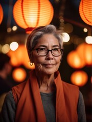 Portrait of a senior Asian woman wearing glasses in a night city