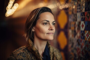 Portrait of a beautiful woman in a yellow coat in a cafe