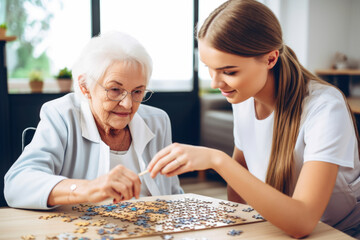 Portrait of a beautiful occupational therapist working with a patient on cognitive skills, engaging in activities such as puzzles or memory games, generative ai