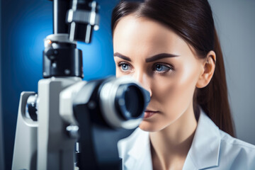 Fototapeta premium Portrait of a beautiful optometrist using a slit lamp biomicroscope to examine a patient's eyes, with a focused look and a steady hand, generative ai