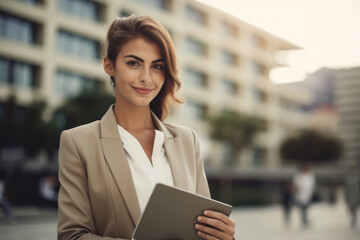 Portrait of a beautiful real estate agent in a stylish pantsuit, holding a tablet and smiling confidently with a modern cityscape in the background, generative ai - obrazy, fototapety, plakaty