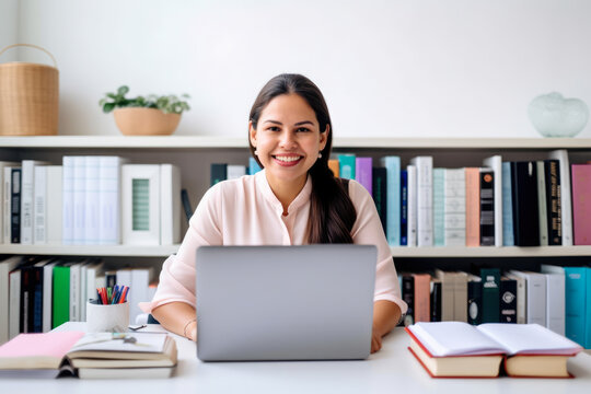Portrait of a beautiful health educator with a laptop on her desk, surrounded by health and wellness books, smiling and ready to conduct an online consultation, generative ai