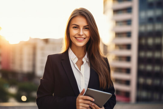 Portrait of a beautiful real estate agent in a stylish pantsuit, holding a tablet and smiling confidently with a modern cityscape in the background, generative ai