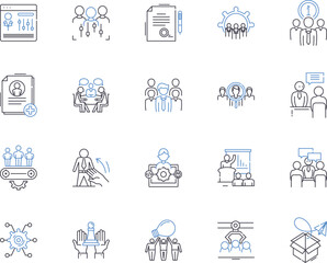 Meeting agenda outline icons collection. Agenda, Meeting, Attendees, Topics, Goals, Time, Minutes vector and illustration concept set. Discussion, Plan, Decisions linear signs