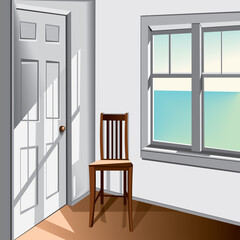 a simple interior of a nice room with a big window with a sea view, simple chair in the conner, the door and a lot of light and shadows.