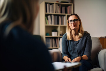 Portrait of a confident and compassionate female psychologist listening intently to her patient in a cozy and inviting therapy office with a bookshelf in the background, generative ai