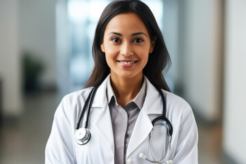 Portrait of a Confident Female Physician in Her White Lab Coat with a Stethoscope Around Her Neck and a Warm Smile on Her Face, generative ai