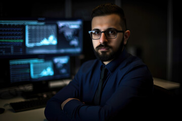 Portrait of a confident Information Security Analyst working on a computer, with a focused expression and technology-themed background, generative ai