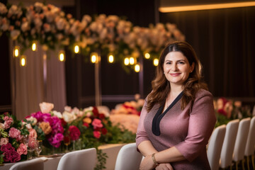 Portrait of a confident event planner with a radiant smile, standing in front of an extravagant event set up with floral arrangements and lighting, generative ai