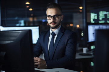 Portrait of a confident Information Security Analyst working on a computer, with a focused expression and technology-themed background, generative ai