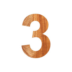 Number three - The 3 in oak wood. White background