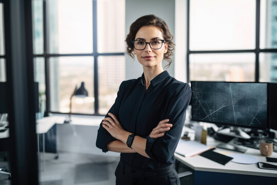 Portrait of a confident User Experience Designer in a sleek and futuristic office, with a large window overlooking a bustling cityscape, showcasing her latest design on a screen, generative ai