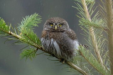 Northern Pygmy Owl in the rain