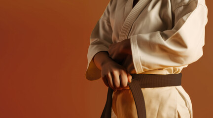 Brown Belt Warriors: Person in Kimono and Brown Belt on Brown Background with Space for Text. Martial Arts Discipline Concept AI Generative