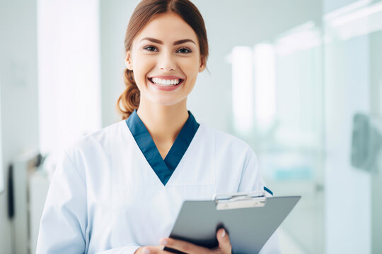 Portrait of a friendly dental assistant with a warm and welcoming smile, holding a clipboard and ready to assist patients with their dental needs, generative ai