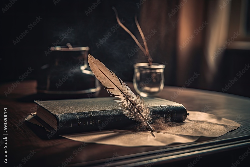 Aufkleber feather quill lying on an open book on a wooden table. generative ai