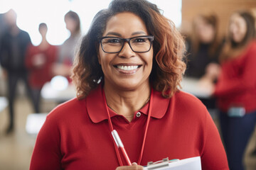 Portrait of a kind-hearted human services assistant with a warm smile, wearing a red sweater and glasses while holding a clipboard and pen, generative ai