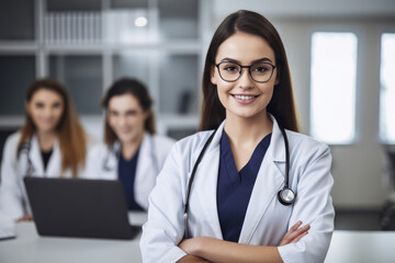 Portrait of a knowledgeable and friendly medical assistant in a doctor's office, looking at the camera with a confident and reassuring smile, generative ai