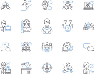 Employee development outline icons collection. Employee, Development, Training, Coaching, Learning, Management, Growth vector and illustration concept set. Motivation, Performance, Skills linear signs