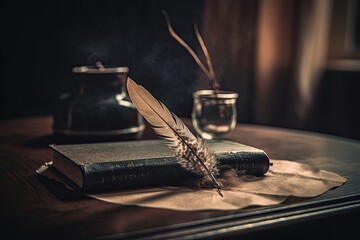 feather quill lying on an open book on a wooden table. Generative AI