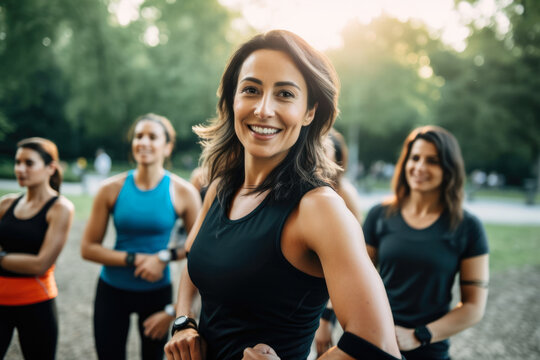 portrait of a health educator with a group of women, wearing a fitness tracker on her wrist and leading a fun and energetic workout session in a park, generative ai