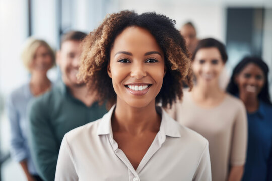 Portrait of a resilient social worker, looking hopeful and strong, while surrounded by a group of happy and successful people, generative ai