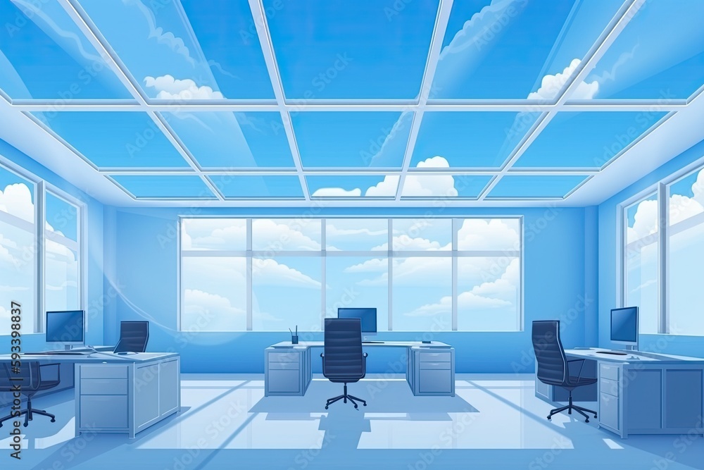 Poster an empty office with a view of the sky through the window. generative ai