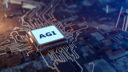 Strong Artificial Intelligence "AGI" motherboard and CPU background, 3D rendering