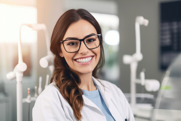 Portrait of a stunning dental assistant with bright blue eyes and a warm smile, generative ai