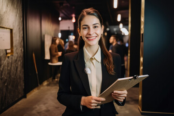 Portrait of a stunning event planner with a warm smile, wearing a chic blazer and holding a clipboard while standing in front of an elegant event space, generative ai