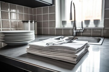 neat stack of folded towels on a kitchen counter. Generative AI
