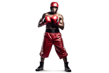 Fototapeta na wymiar Power and Technique. full body Boxer training with red gloves on white background with space to text. Copy space. Fitness concept AI Generative