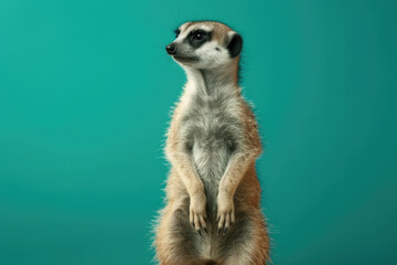Fototapeta premium Adorable Meerkat. Cute and fluffy meerkat standing on hind legs, isolated on pastel turquoise background with space for text. Copy space. Curiosity concept AI Generative