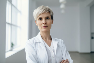 Portrait of a Successful and Confident Woman Physician with Short Hair and a White Lab Coat Standing in a Bright Room, generative ai