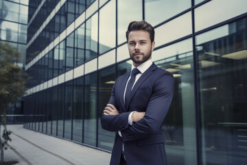 portrait of a successful Operations Manager in a power suit, standing in front of a corporate building with a strong and confident pose, generative ai