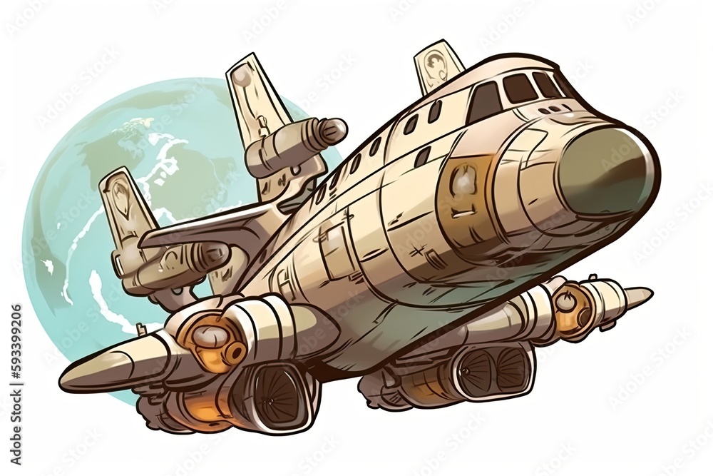 Poster colorful spaceship soaring through the clouds. generative ai