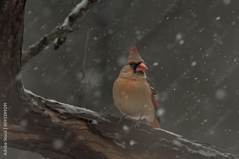 Poster snowy winter scene with a bird resting on a tree branch. generative ai