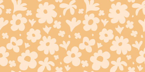 Abstract seamless pattern with summer flowers in the form of children's hand drawn drawings. Botanical banner in a minimalistic style for decoration, print, textile, wallpaper, interior design.