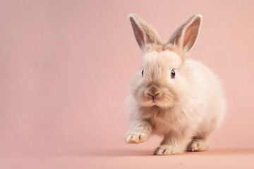 Obraz premium Cute Bunny Hopping with Joy. Fluffy rabbit isolated on pastel background. Copy space, Animal concept AI Generative