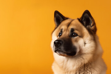 Majestic Japanese Breed. Powerful and fierce Akita dog with thick coat on pastel yellow background. Copy space. Canine concept AI Generative