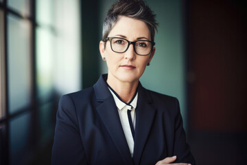 Fototapeta premium Professional portrait of a successful and confident medical and health services manager in a boardroom setting, wearing a stylish suit and glasses, generative ai