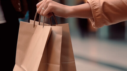hand holding a shopping bag. concept of sales, shopping. Generative AI