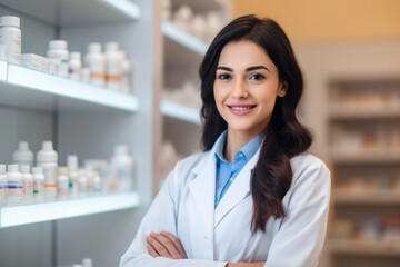 Smart and professional female pharmacist in a lab coat holding a medicine bottle and looking at the camera with a friendly expression, generative ai - obrazy, fototapety, plakaty