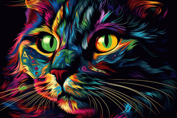 cat close-up, psychedelic illustration. AI generative image.
