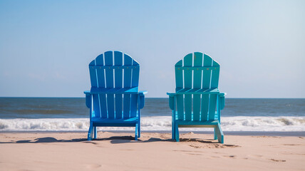 Two sun loungers on a beautiful beach on a sunny day. Concept of vacation, summer, relaxation. Generative AI