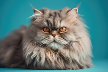 Elegant Feline Beauty. Fluffy Persian Cat with Luxurious Coat Isolated on Pastel Blue Background. Copy space. Domestic Pet Concept AI Generative