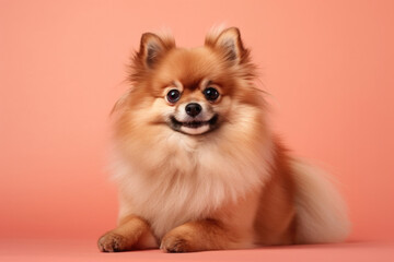 Obraz premium Cute Fluffy Poser. Adorable Pomeranian posing cutely on pastel pink background. Copy space. Pet concept AI Generative