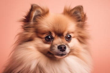 Cute Fluffy Poser. Adorable Pomeranian posing cutely on pastel pink background. Copy space. Pet concept AI Generative
